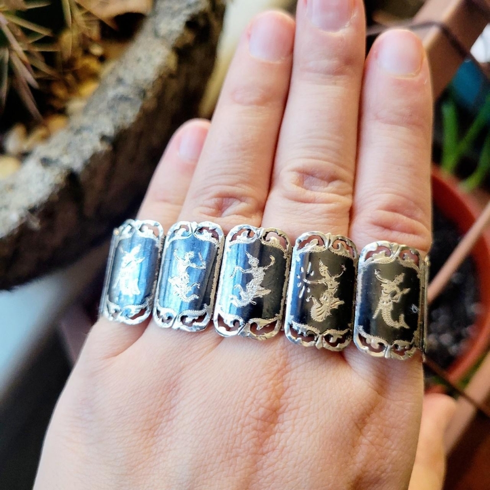 Vintage Old Siam 925 Sterling Silver Black Enamel God Goddess Bracelet